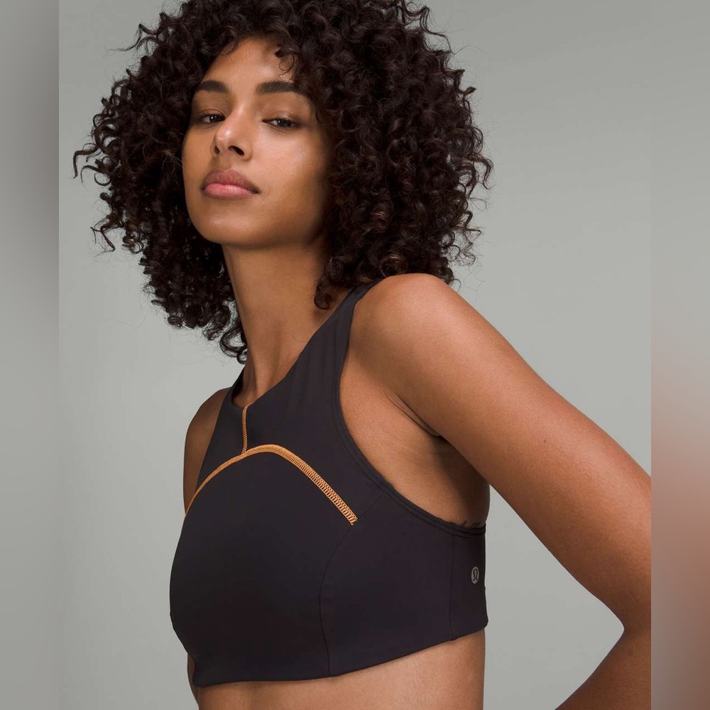 Lululemon Tough Train High Neck Bra in Black & Orange Soda, size 6